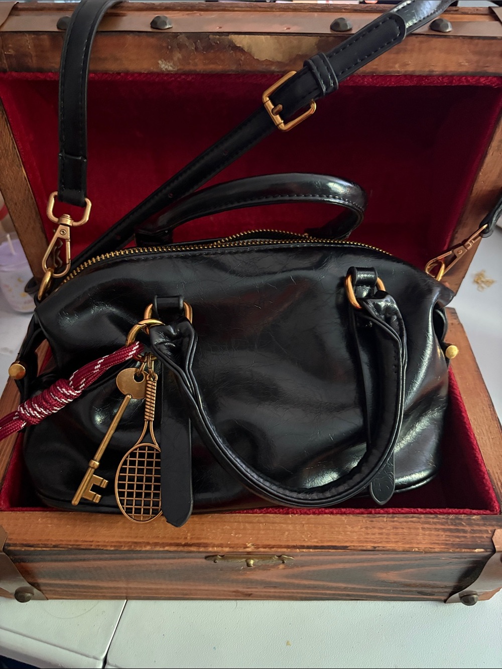 Classic Black Leather Satchel with Gold Hardware